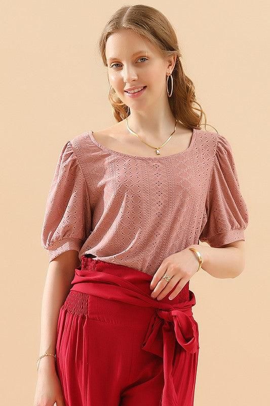 PUNCHING LACE PUFF HEM SLEEVE T SHIRTS - Doublju