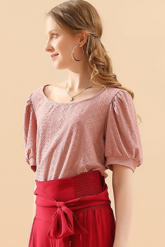PUNCHING LACE PUFF HEM SLEEVE T SHIRTS - Doublju