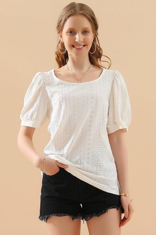 PUNCHING LACE PUFF HEM SLEEVE T SHIRTS - Doublju
