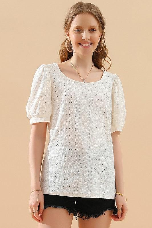 PUNCHING LACE PUFF HEM SLEEVE T SHIRTS - Doublju