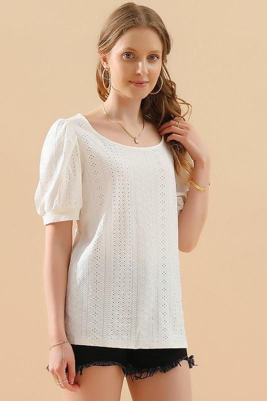 PUNCHING LACE PUFF HEM SLEEVE T SHIRTS - Doublju