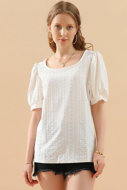PUNCHING LACE PUFF HEM SLEEVE T SHIRTS - Doublju