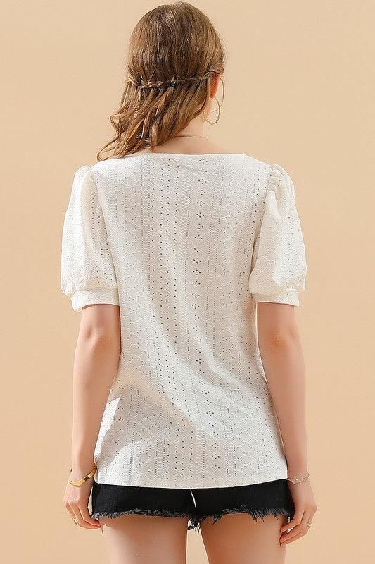 PUNCHING LACE PUFF HEM SLEEVE T SHIRTS - Doublju