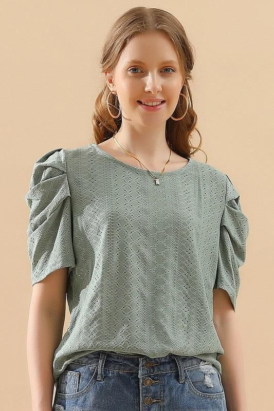 PUNCHING LACE PLEATED PUFF SLEEVE T-SHIRTS - Doublju