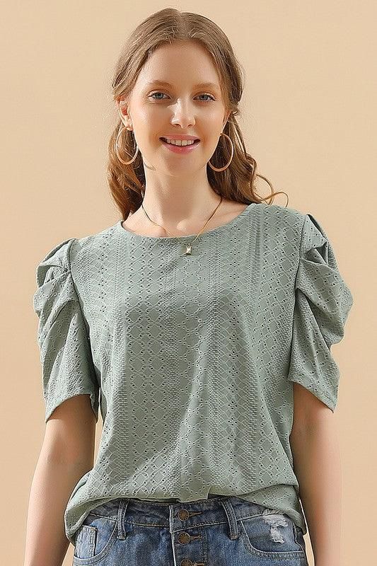 PUNCHING LACE PLEATED PUFF SLEEVE T-SHIRTS - Doublju