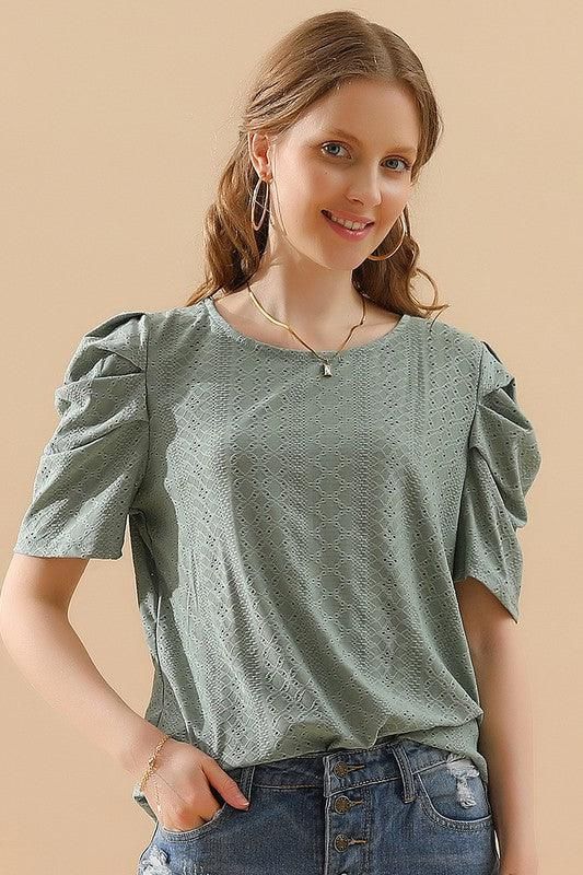 PUNCHING LACE PLEATED PUFF SLEEVE T-SHIRTS - Doublju