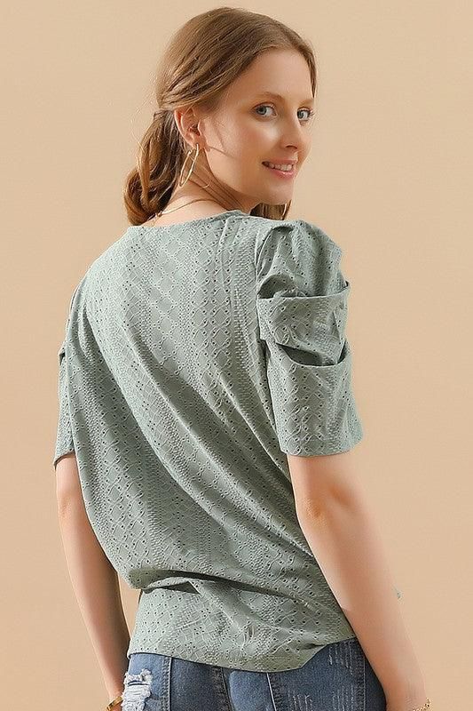 PUNCHING LACE PLEATED PUFF SLEEVE T-SHIRTS - Doublju