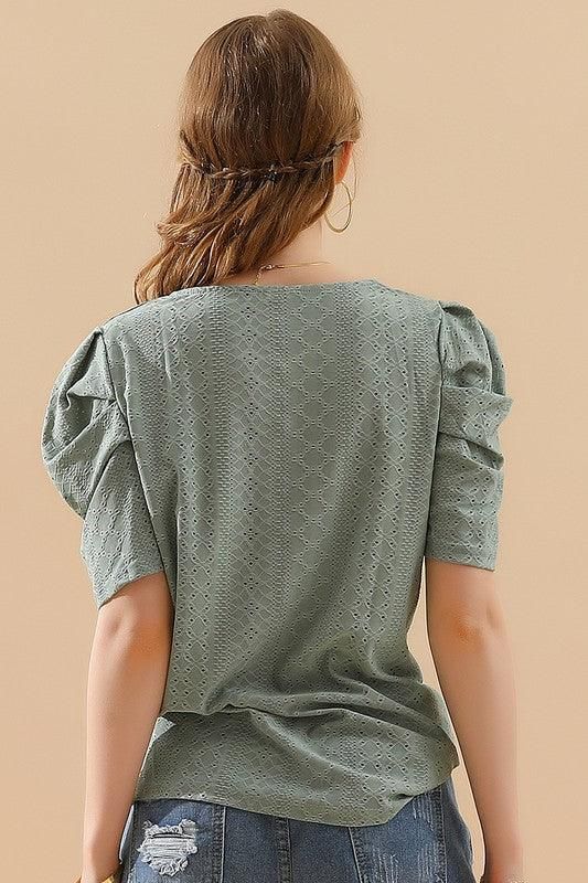 PUNCHING LACE PLEATED PUFF SLEEVE T-SHIRTS - Doublju