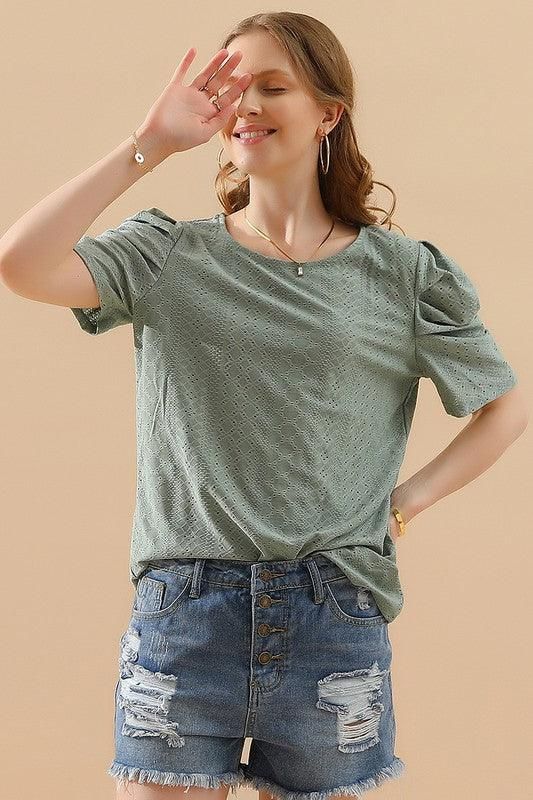 PUNCHING LACE PLEATED PUFF SLEEVE T-SHIRTS - Doublju