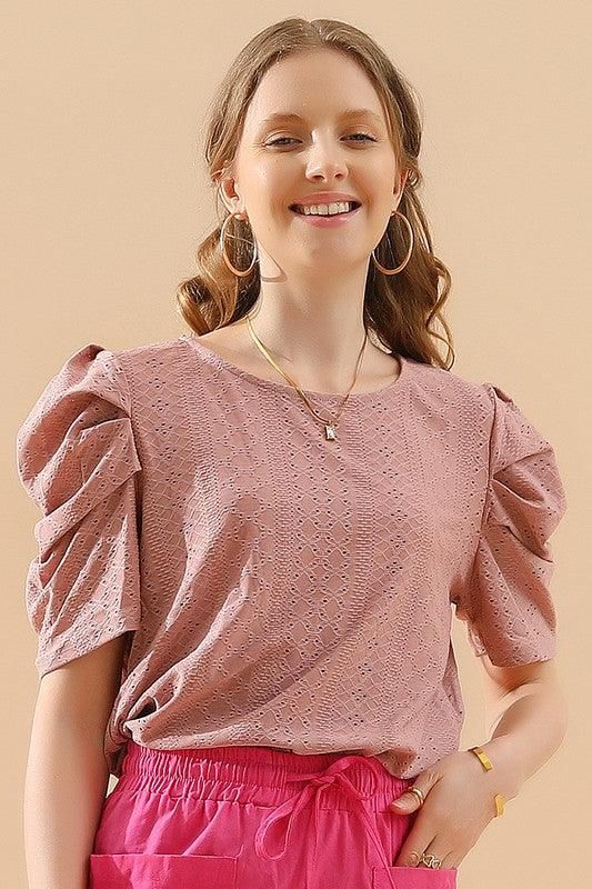PUNCHING LACE PLEATED PUFF SLEEVE T-SHIRTS - Doublju