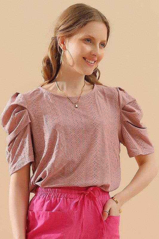 PUNCHING LACE PLEATED PUFF SLEEVE T-SHIRTS - Doublju