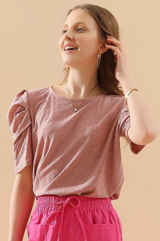 PUNCHING LACE PLEATED PUFF SLEEVE T-SHIRTS - Doublju