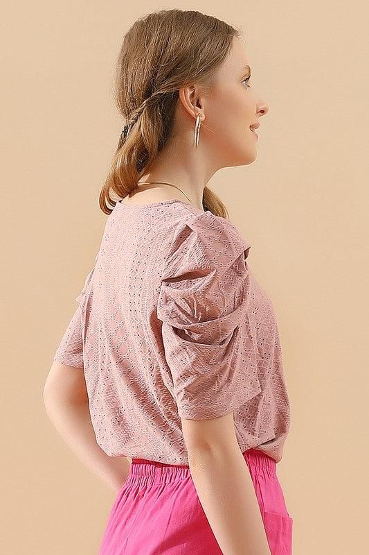 PUNCHING LACE PLEATED PUFF SLEEVE T-SHIRTS - Doublju