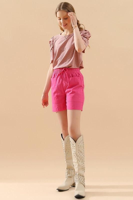 PUNCHING LACE PLEATED PUFF SLEEVE T-SHIRTS - Doublju