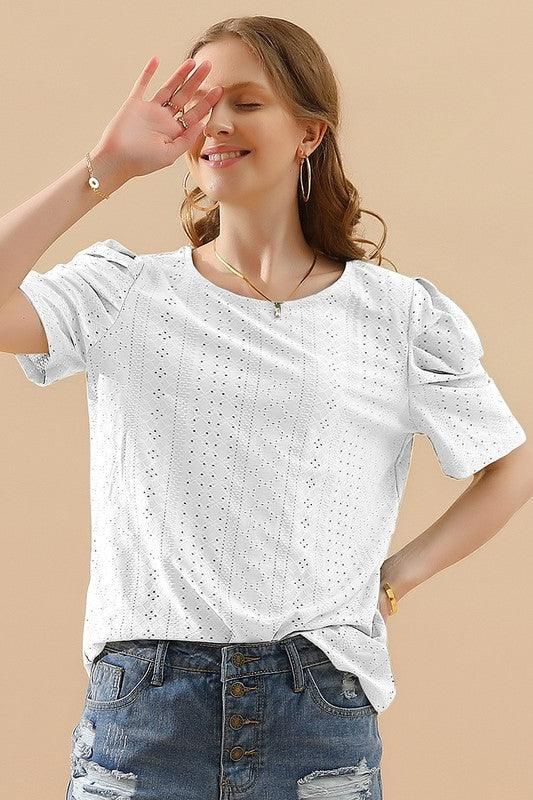 PUNCHING LACE PLEATED PUFF SLEEVE T-SHIRTS - Doublju