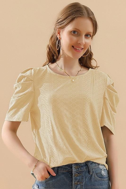 PUNCHING LACE PLEATED PUFF SLEEVE T-SHIRTS - Doublju