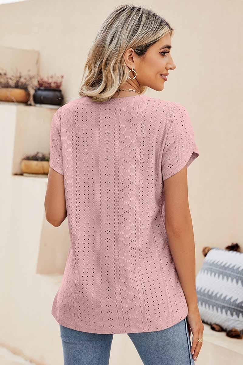 PUNCHING LACE TULIP PUFF V NECK T-SHIRTS - Doublju