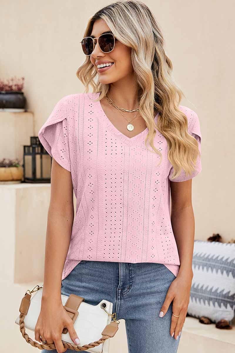 PUNCHING LACE TULIP PUFF V NECK T-SHIRTS - Doublju