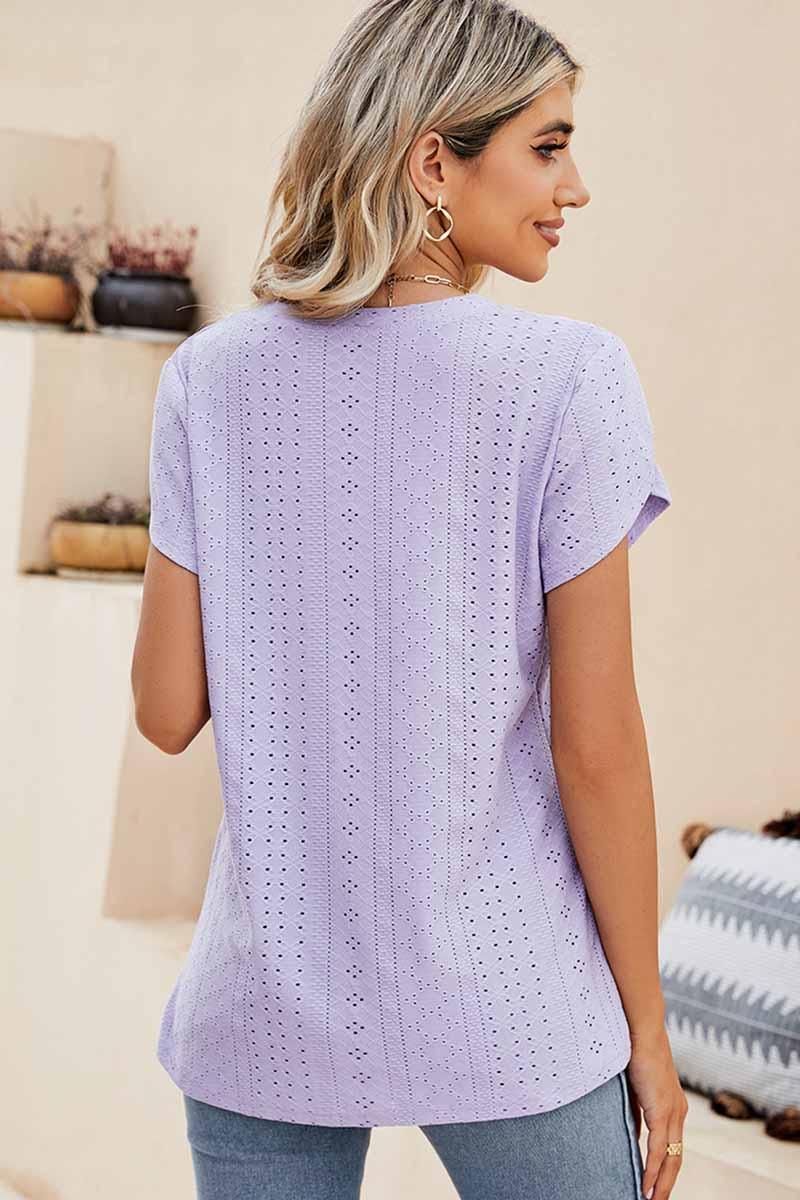 PUNCHING LACE TULIP PUFF V NECK T-SHIRTS - Doublju