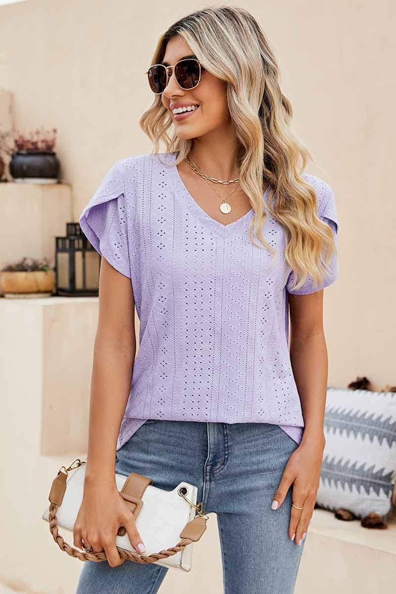 PUNCHING LACE TULIP PUFF V NECK T-SHIRTS - Doublju