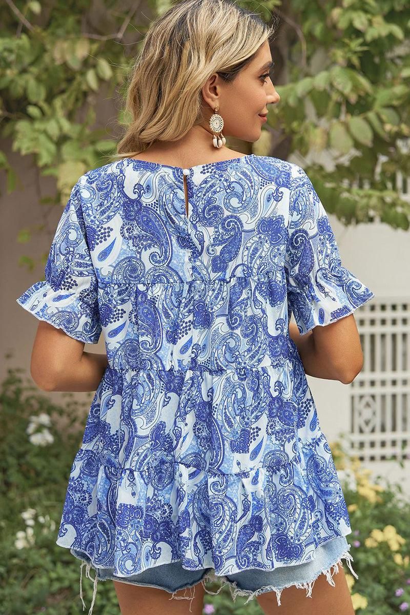 PATTERNED LOUND NECK CAKE CHIFFON TOP - Doublju