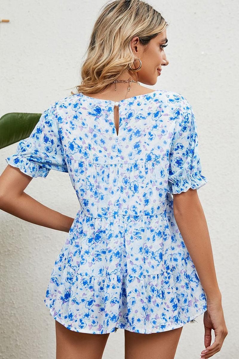 PATTERNED LOUND NECK CAKE CHIFFON TOP - Doublju