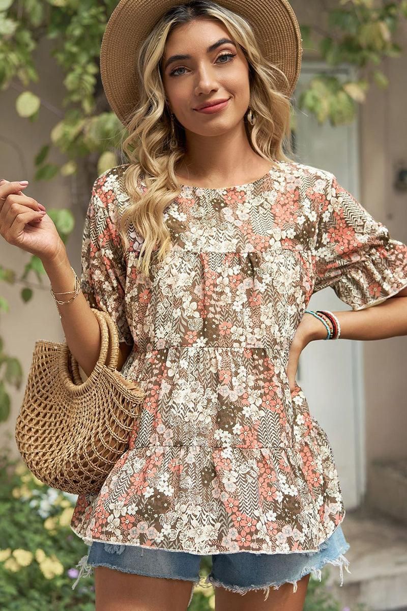 PATTERNED LOUND NECK CAKE CHIFFON TOP - Doublju