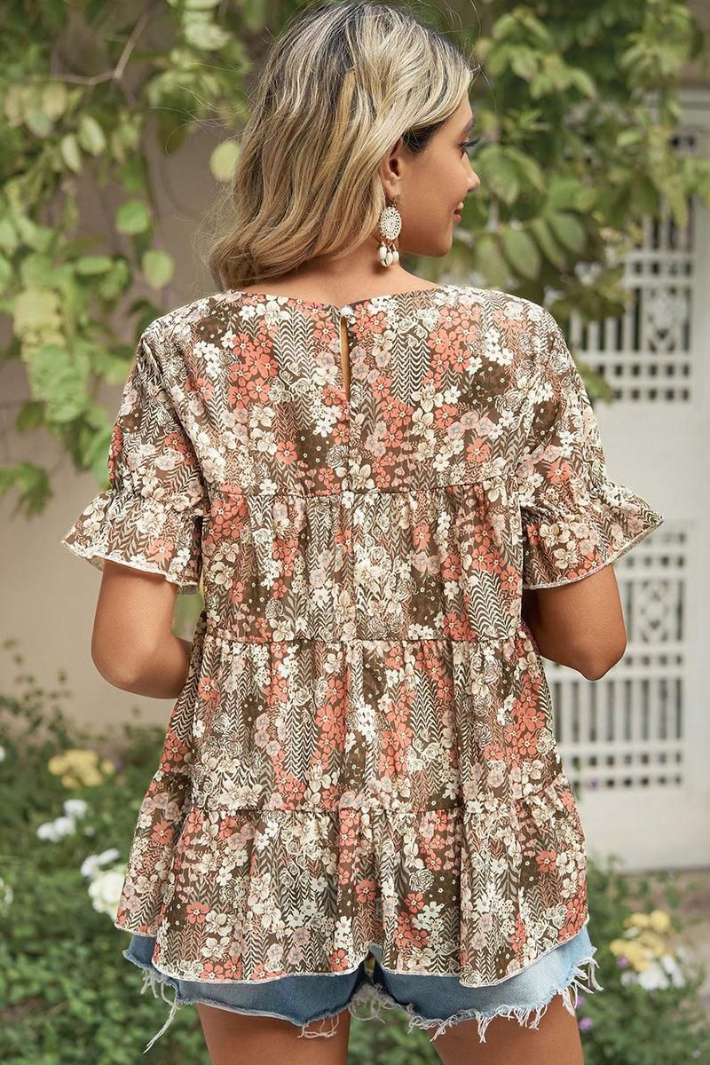 PATTERNED LOUND NECK CAKE CHIFFON TOP - Doublju