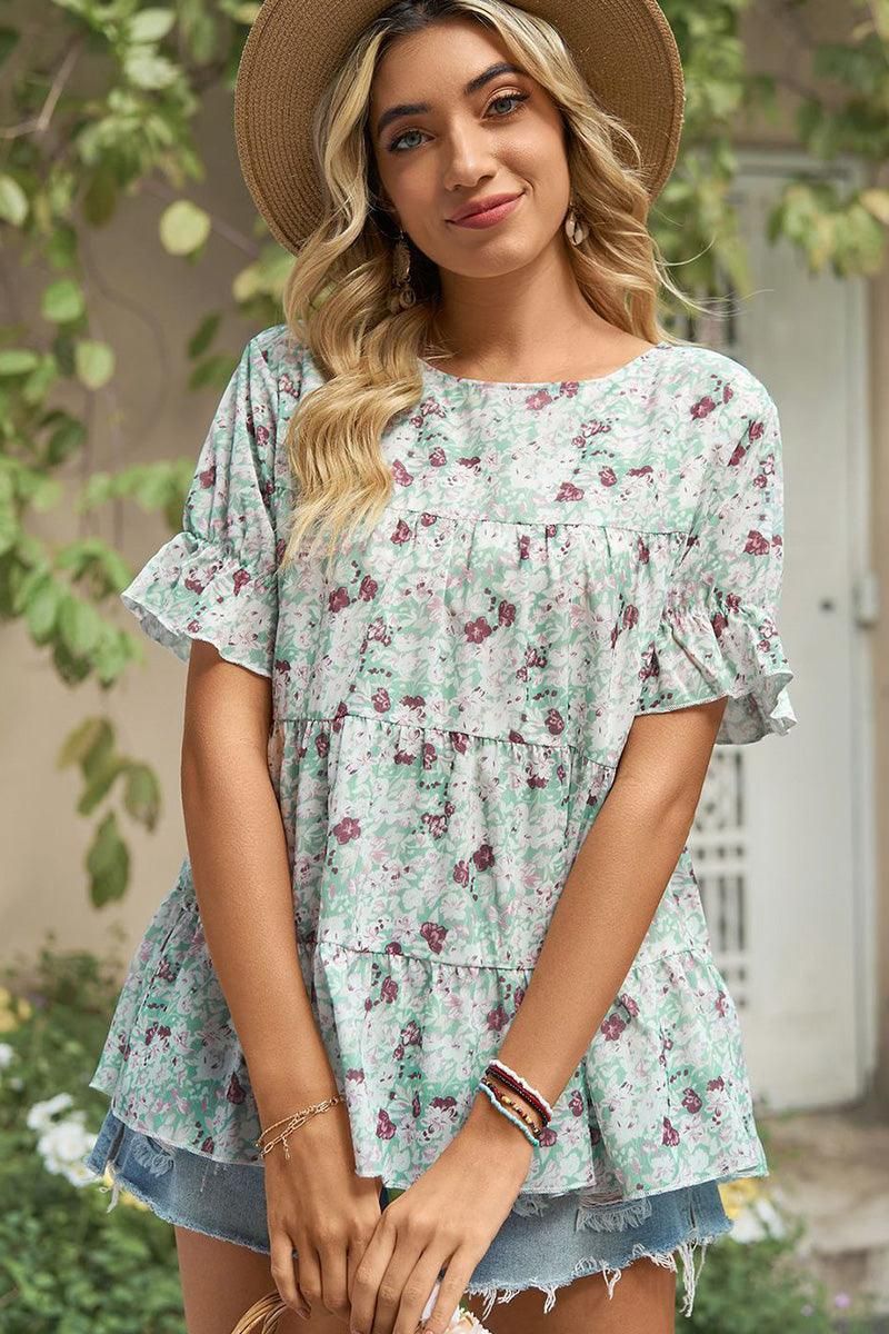 PATTERNED LOUND NECK CAKE CHIFFON TOP - Doublju