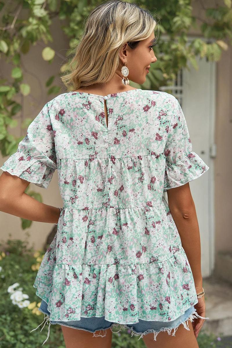 PATTERNED LOUND NECK CAKE CHIFFON TOP - Doublju