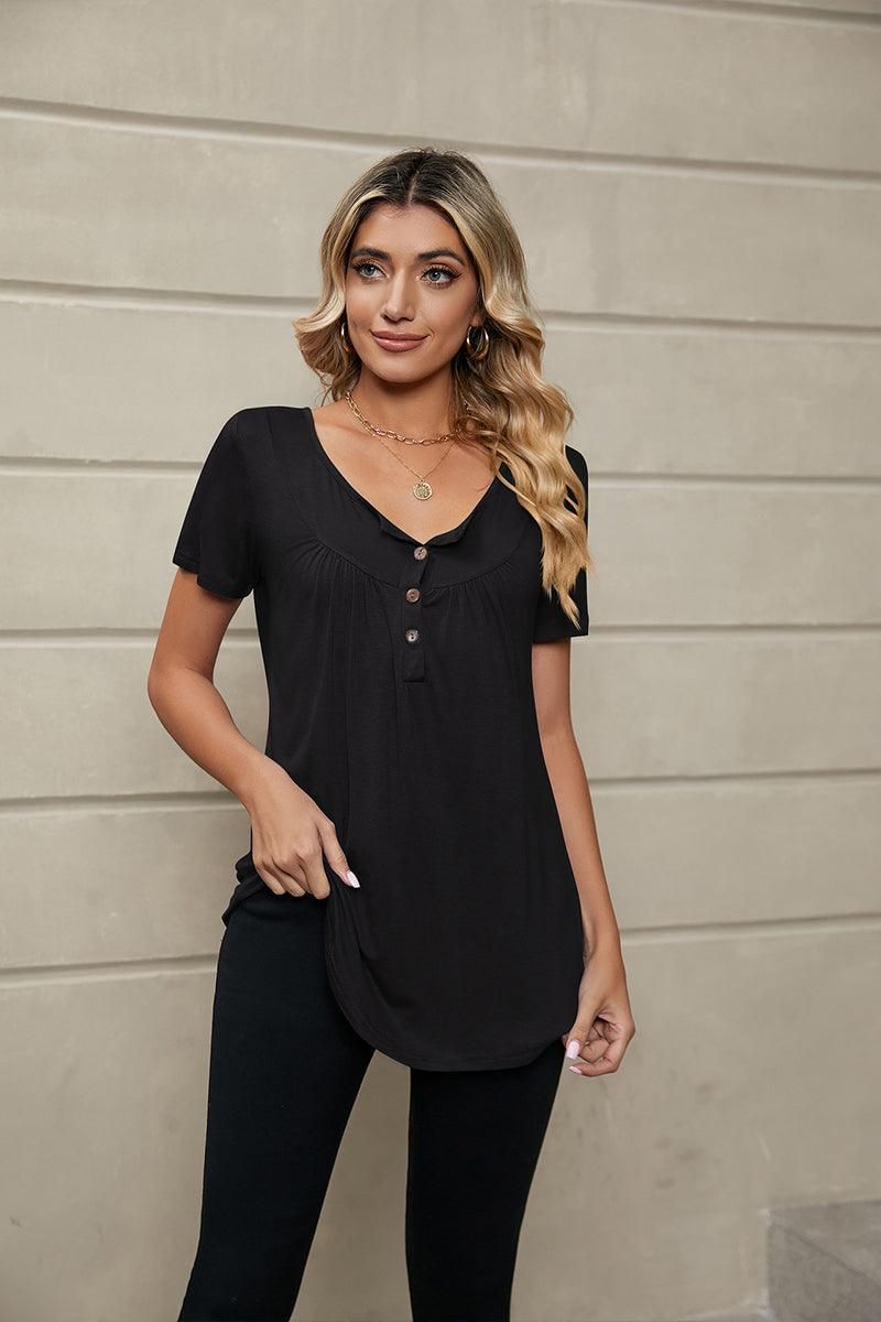 BUTTON NECK TUNIC TOP - Doublju