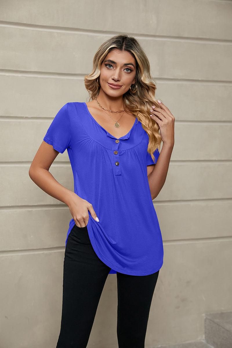 BUTTON NECK TUNIC TOP - Doublju