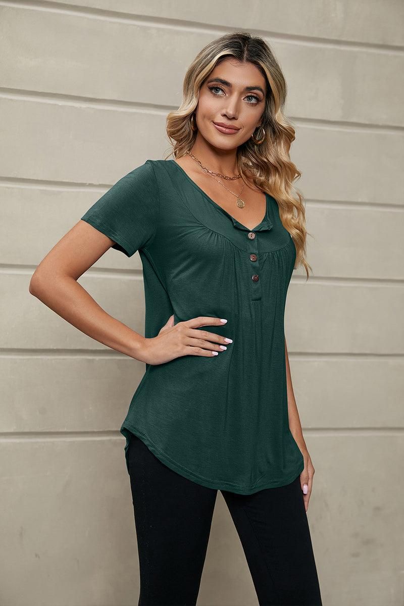 BUTTON NECK TUNIC TOP - Doublju