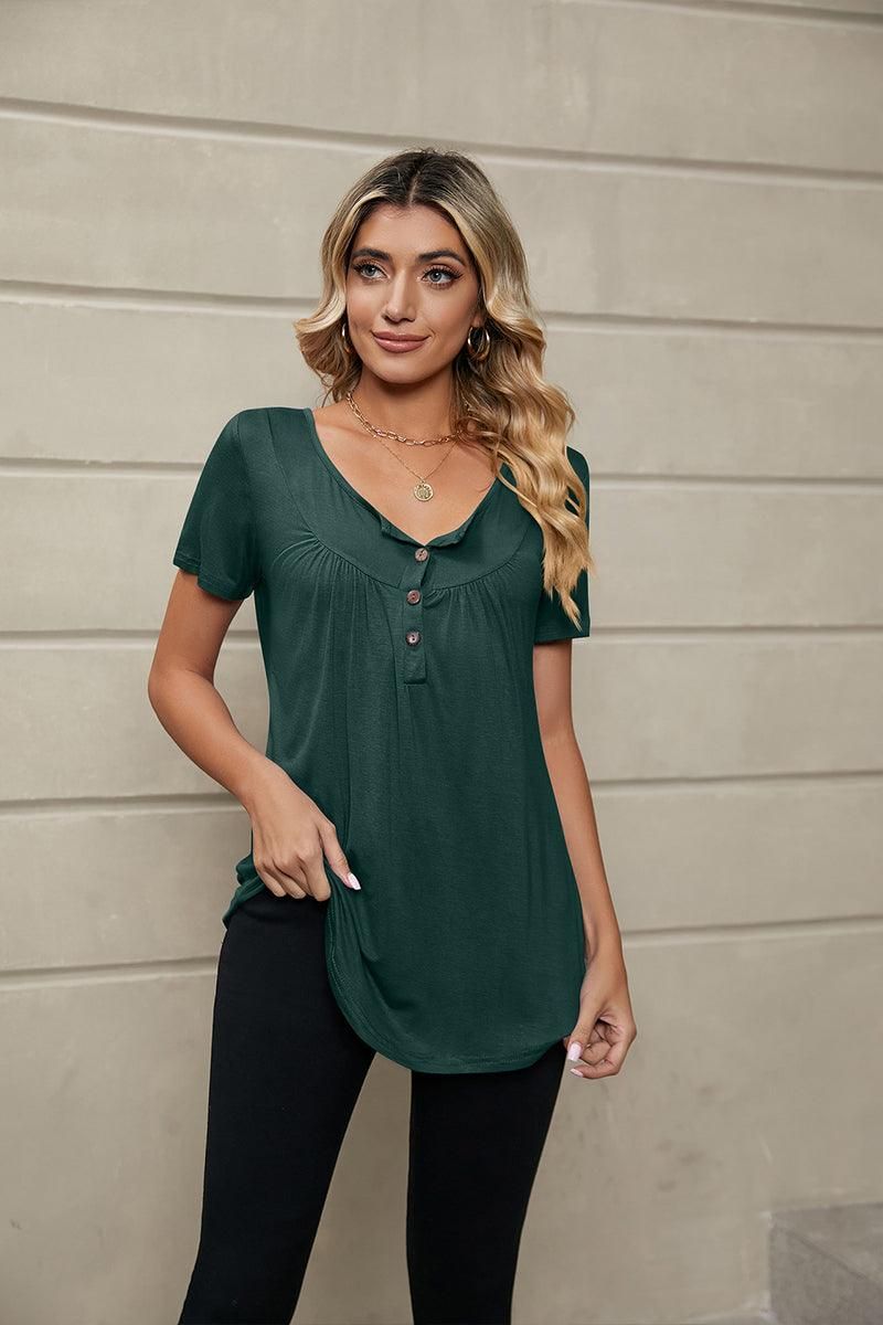 BUTTON NECK TUNIC TOP - Doublju