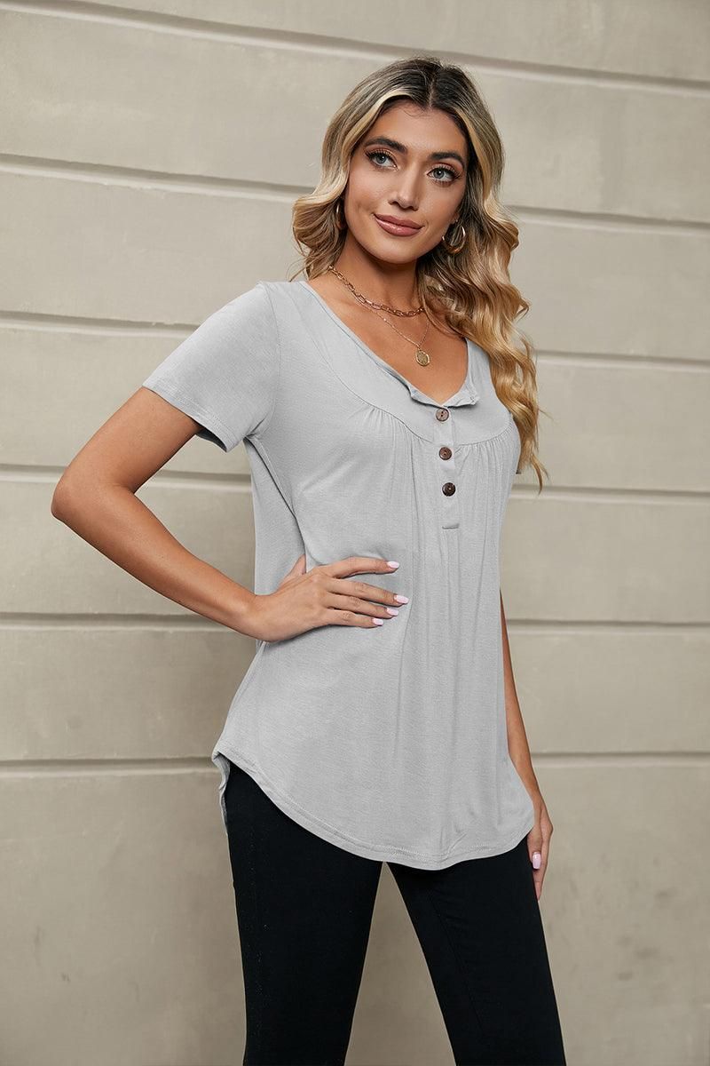 BUTTON NECK TUNIC TOP - Doublju