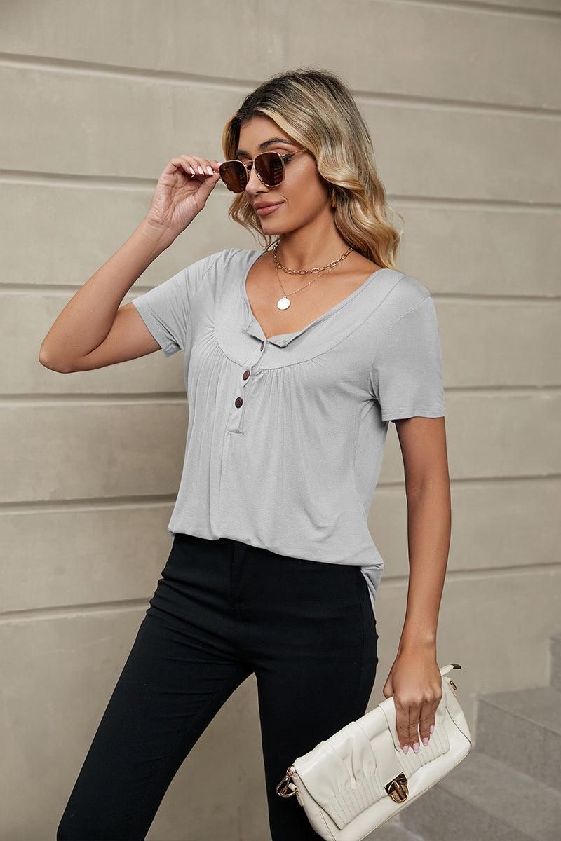 BUTTON NECK TUNIC TOP - Doublju