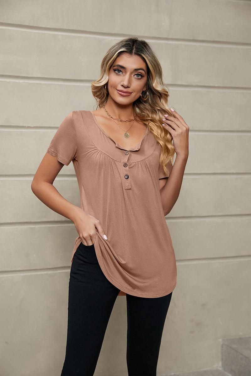 BUTTON NECK TUNIC TOP - Doublju