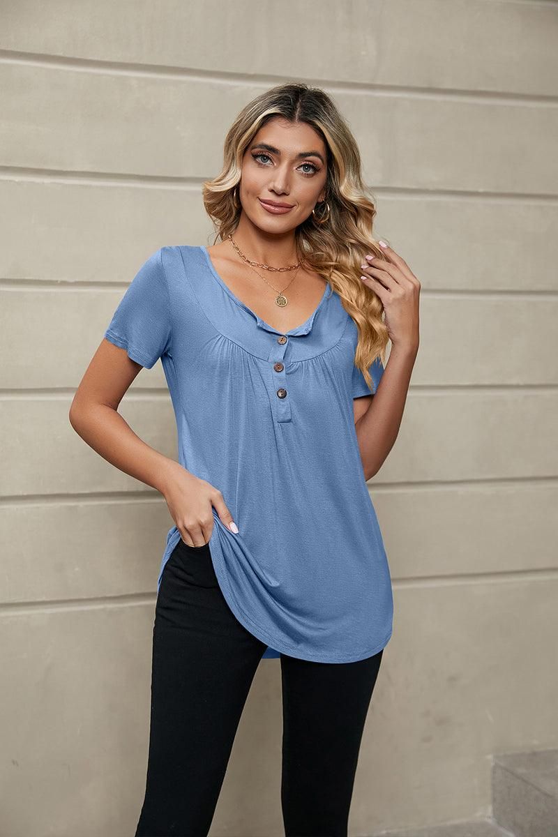 BUTTON NECK TUNIC TOP - Doublju