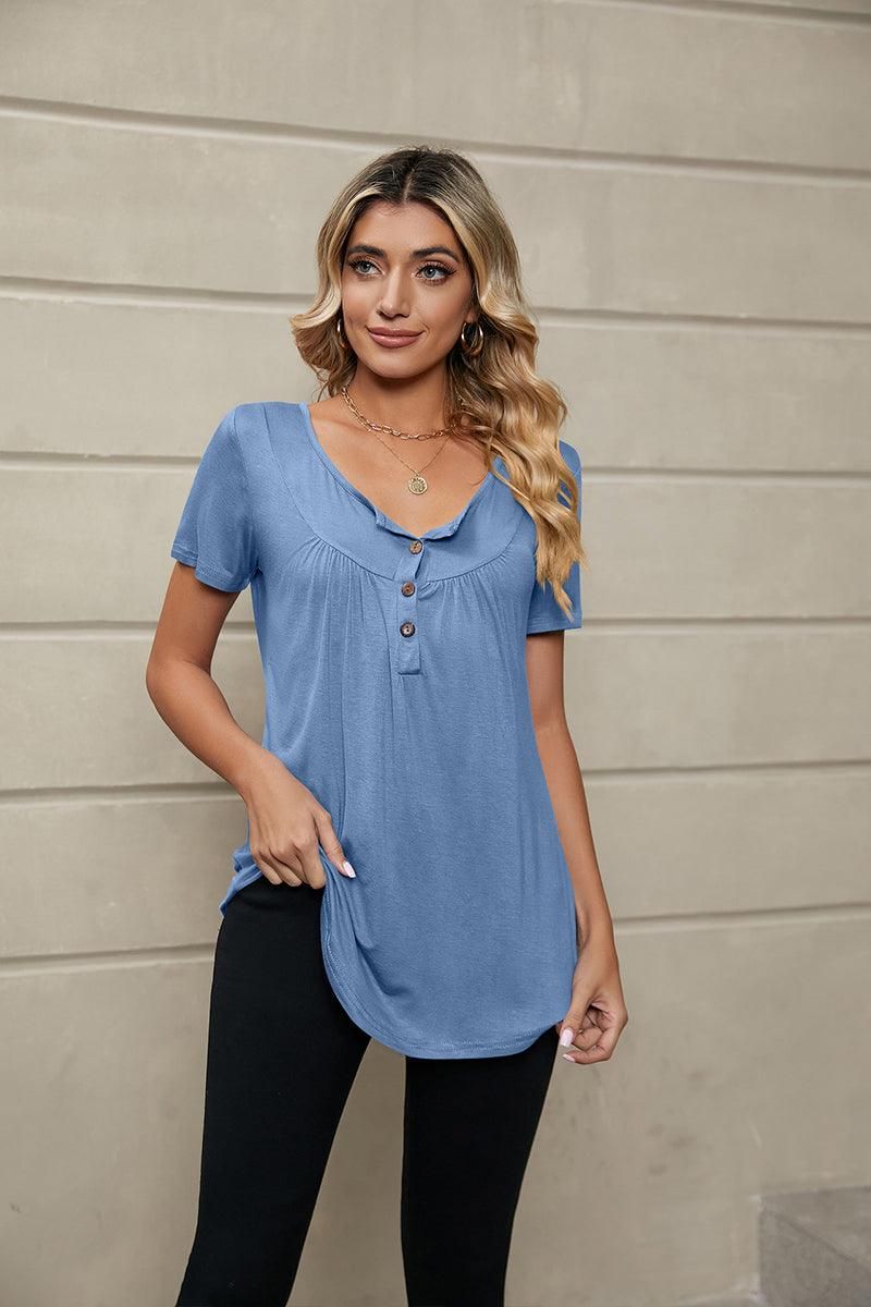 BUTTON NECK TUNIC TOP - Doublju
