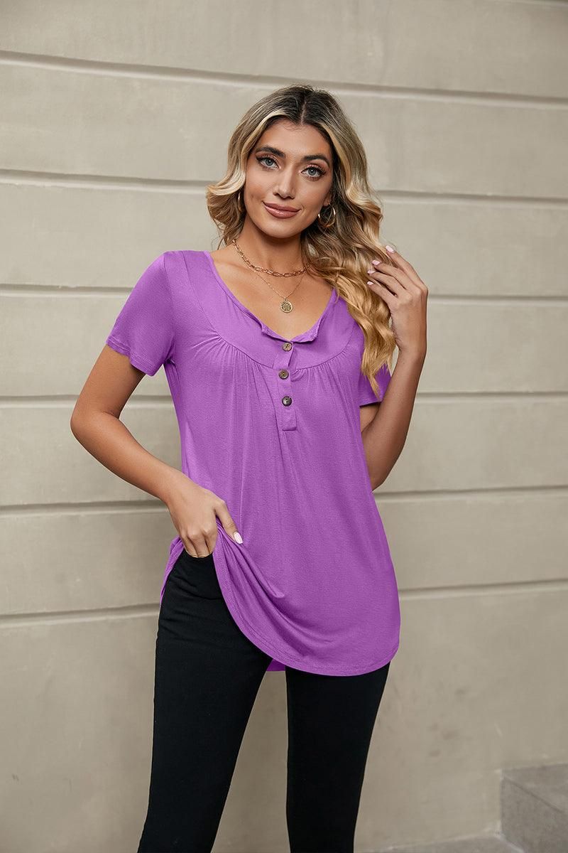 BUTTON NECK TUNIC TOP - Doublju