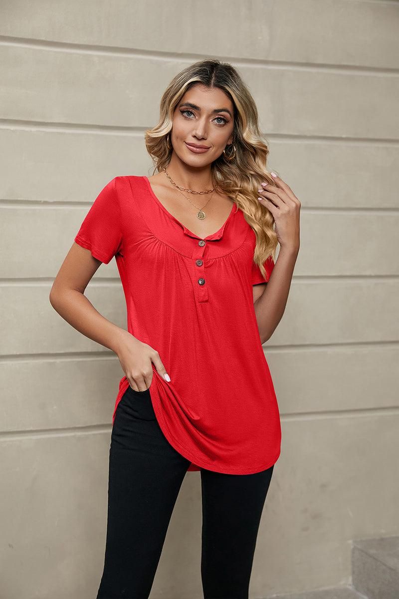 BUTTON NECK TUNIC TOP - Doublju
