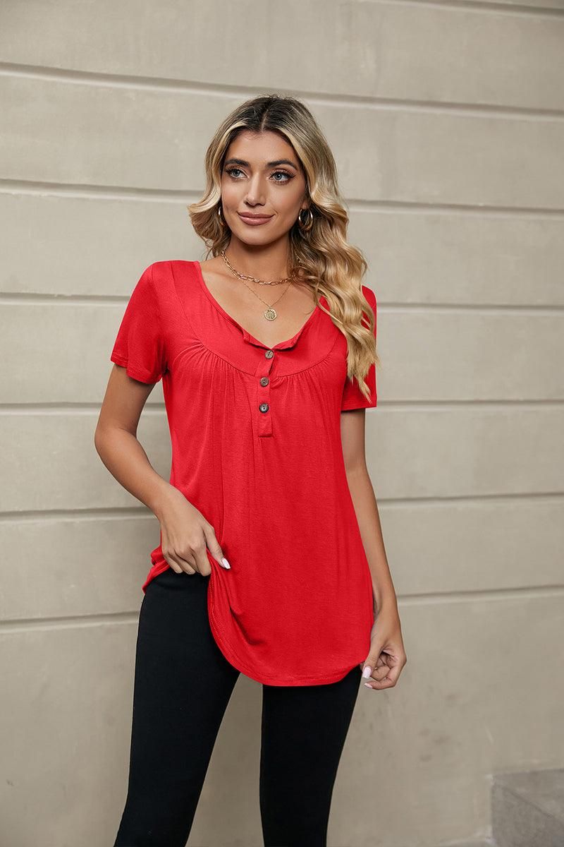 BUTTON NECK TUNIC TOP - Doublju