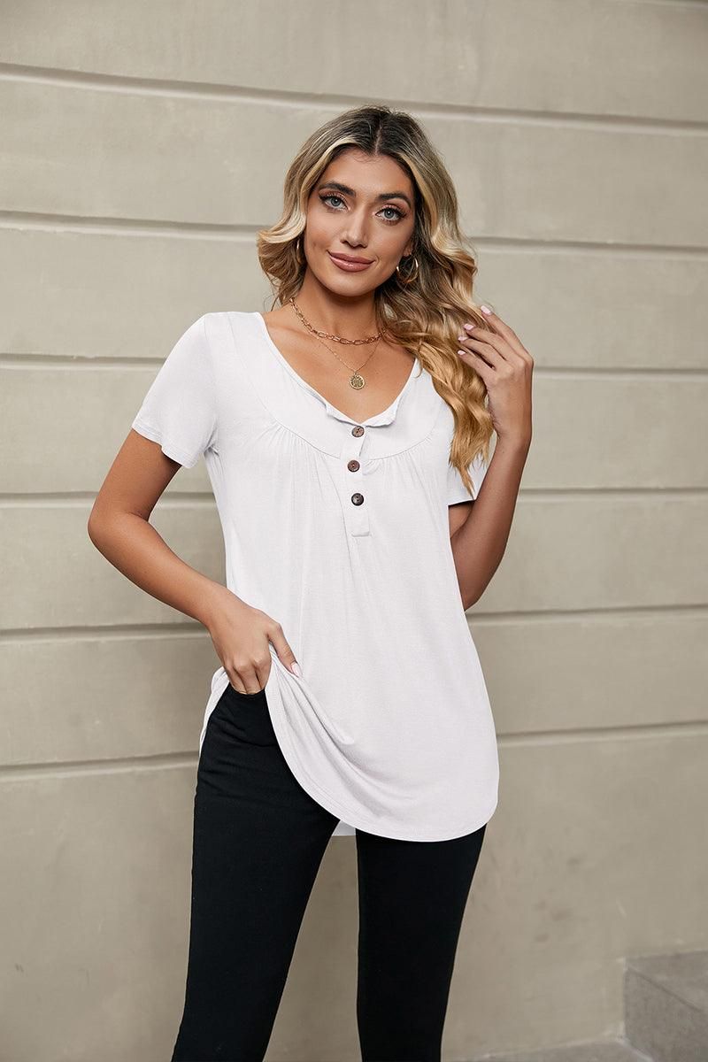 BUTTON NECK TUNIC TOP - Doublju