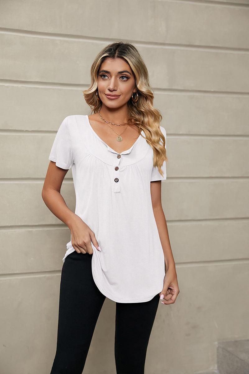 BUTTON NECK TUNIC TOP - Doublju