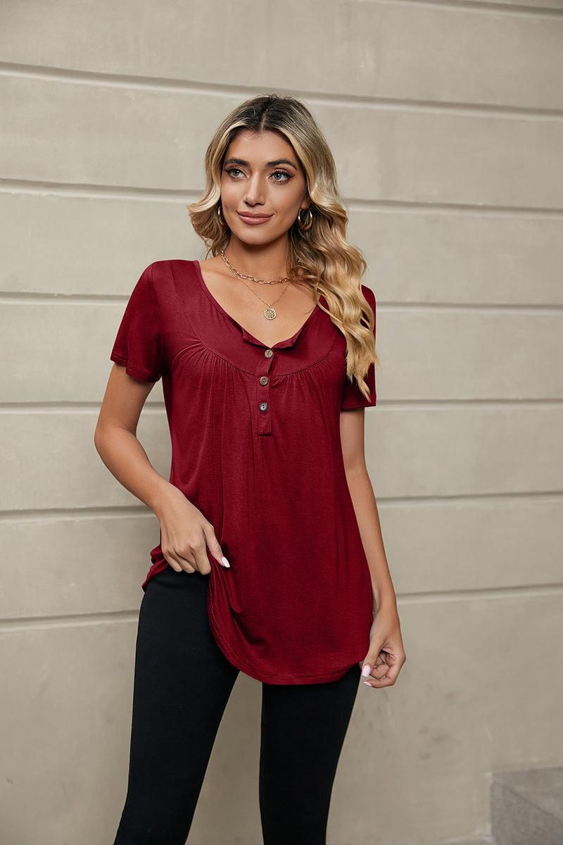 BUTTON NECK TUNIC TOP - Doublju