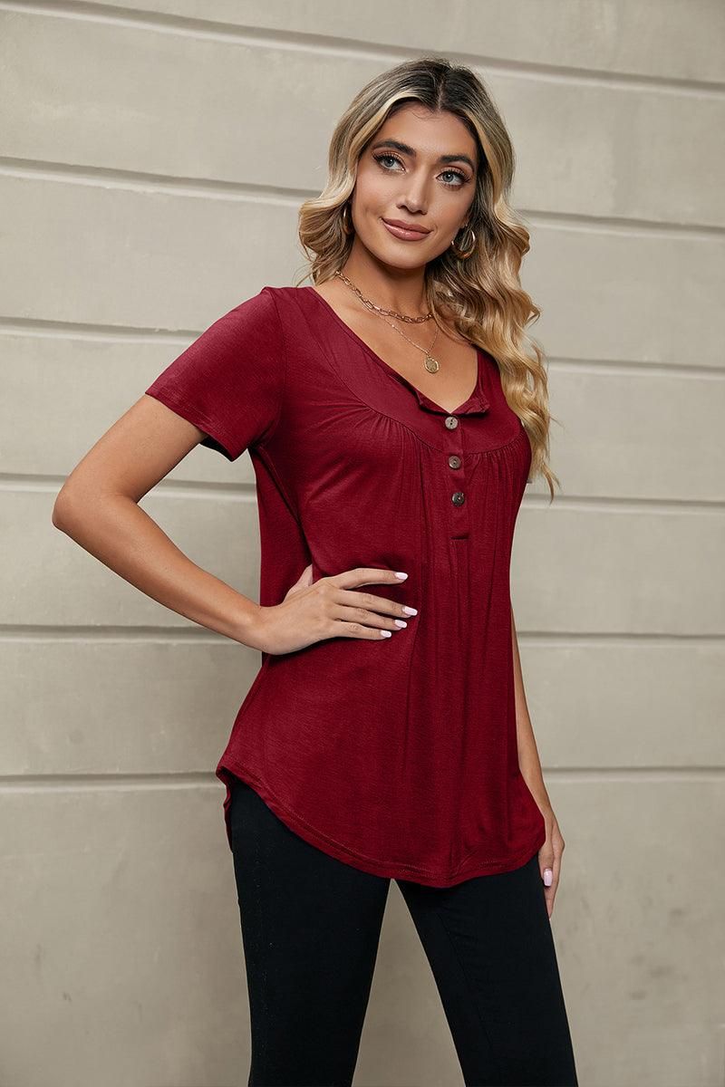 BUTTON NECK TUNIC TOP - Doublju