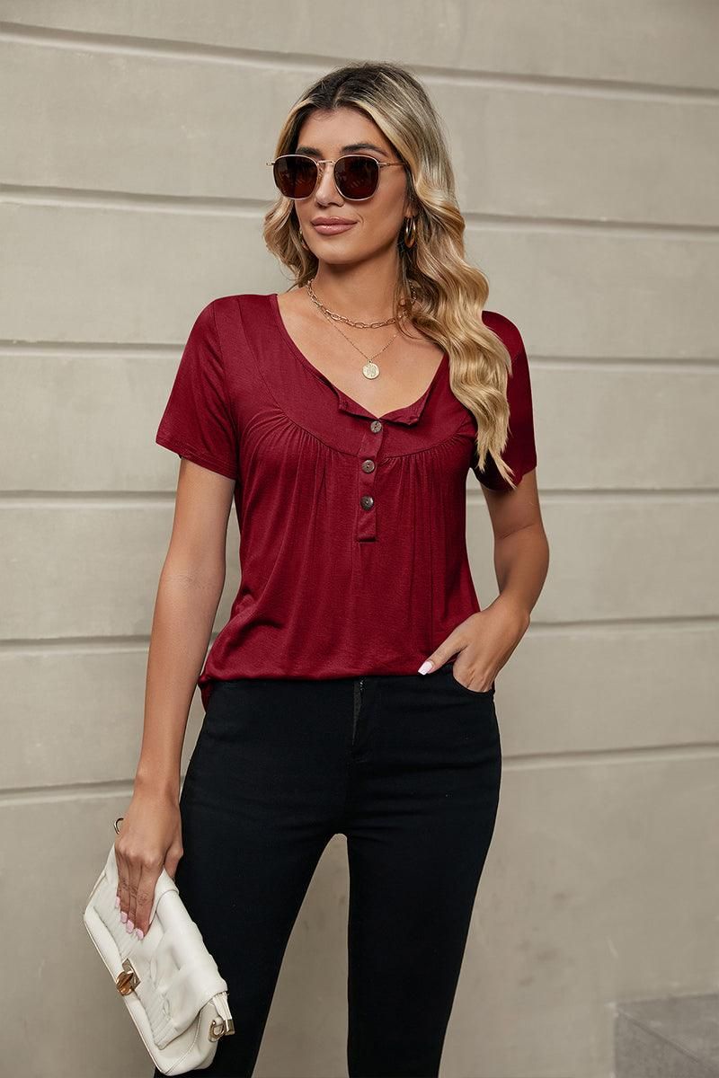 BUTTON NECK TUNIC TOP - Doublju