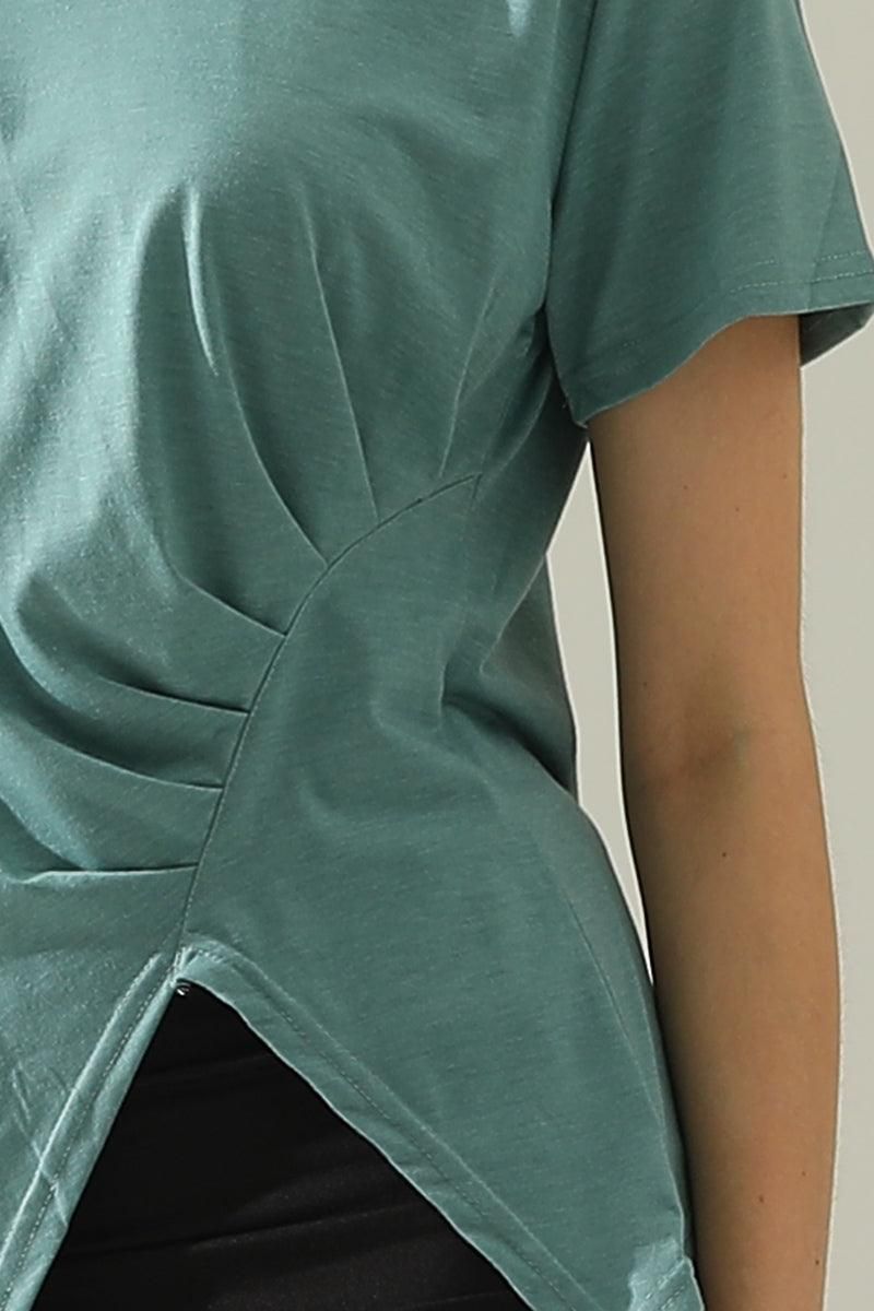 ROUND NECK RUFFLED SPLIT TOP - Doublju