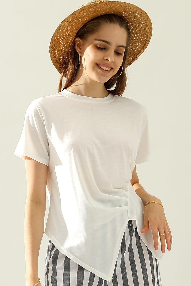 ROUND NECK RUFFLED SPLIT TOP - Doublju