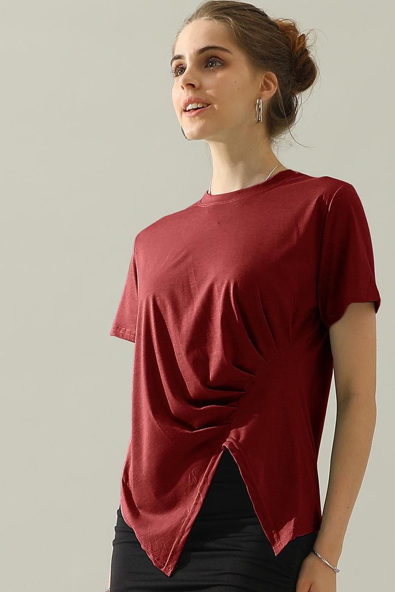 ROUND NECK RUFFLED SPLIT TOP - Doublju